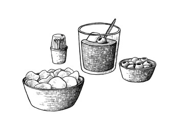 Aperitivo típico español: vermut, patatas chips y olivas. Hora del vermut. Ilustración a tinta