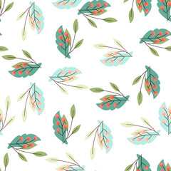 Isolated winter nature seamless pattern with blue and turquoise leaves and red berries shapes.