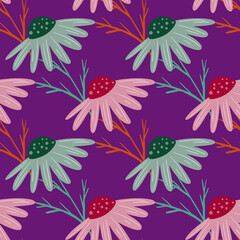 Fototapeta na wymiar Modern seamless pattern with doodle pink and green chamomile flowers. Purple bright background.