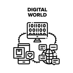 Digital World Vector Icon Concept. Digital World Technology For International Chatting And Communicate, Delivery Package Online Tracking Application And Coding Software Black Illustration