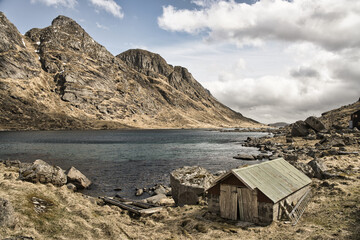 Boathouse on a fjord in Lofoten, Norway