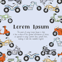 Motorbike - card with text and vector color illustrations of motorcycle, bike, chopper, scooter and other transportation for graphic design