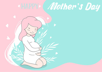 Pregnant woman sits and hugs her pregnant belly. A greeting card, a poster, and a place for your text. Colorful vector illustration for the Mother's Day holiday. Template.
