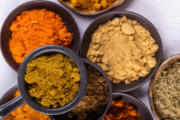 Colorful spices. Macro shot. Cooking background concept.