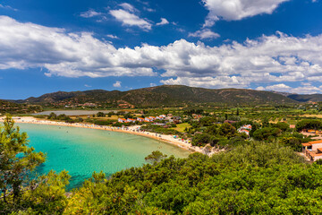 Fototapeta na wymiar Monte Cogoni beach in Chia, next to city of Cagliari in Sardinia, Italy.