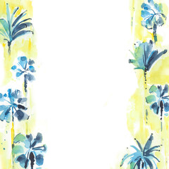 Frame with exotic stylized plant. Watercolor summer hand drawn template. Tropical design