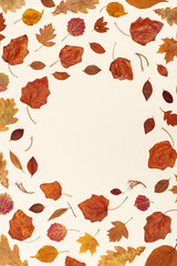 Autumn round frame from colorful autumn leaves on neutral beige background with copy space. Fall time concept.