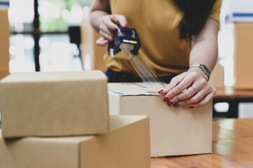 Parcel delivery workers are packing boxes, Tansporting ,Selling products online.