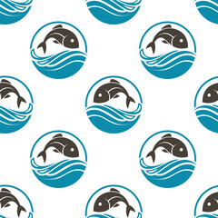 seamless pattern with fish and water waves on white background