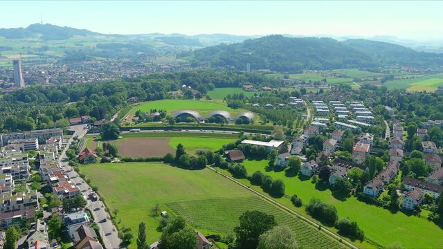 Bern: Aerial view of capital city of Switzerland, modern urban residential suburb with lots of greenery - landscape panorama of Europe from above