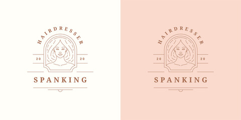 Female portrait logo emblem design template vector illustration in minimal line art style