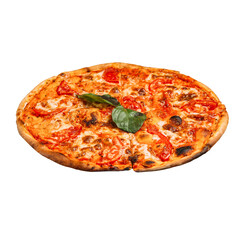 Isolated margarita pizza with tomatoes on white background