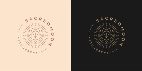 Magic moon crescent with diamond logo emblem design template vector illustration in minimal line art style.