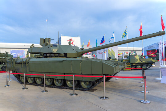 MOSCOW REGION, RUSSIA - AUGUST 25, 2021: Russian newest tank of "Armata" T-14 close-up