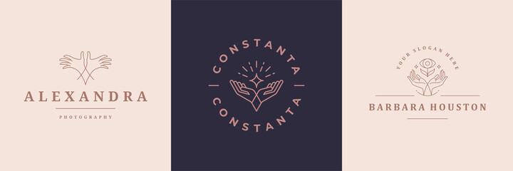 Feminine logos emblems design templates set with female hands gestures vector illustrations minimal linear style.