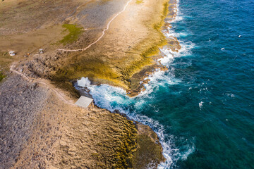 Aerial view above scenery of Curacao, the Caribbean with ocean and coast