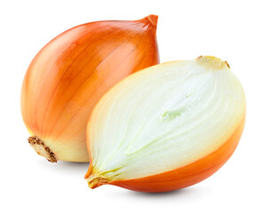 Onion bulbs isolated. Whole onion and a half on white background. Full depth of field. With clipping path.