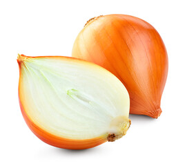 Onion bulbs isolated. Whole onion and a half on white background. Full depth of field. With clipping path. - obrazy, fototapety, plakaty