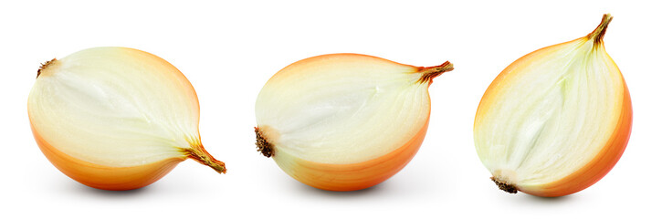 Cut onion bulb isolated. Golden onion half on white background. Onion half collection. Full depth of field. - obrazy, fototapety, plakaty