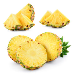Pineapple slices isolate. Cut pineapples on white. Fresh pineapple set. Full depth of field.