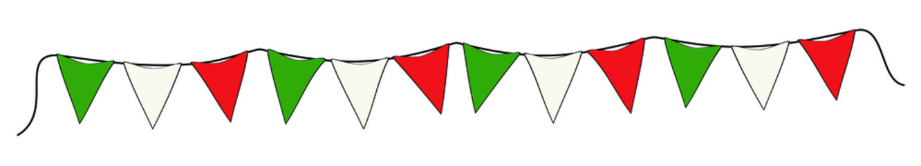 Wimpelkette mit bewegten Dreiecken in den Farben Grün, Weiss und Rot isoliert auf weiß. - obrazy, fototapety, plakaty