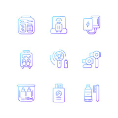 Airplane passenger travelling things gradient linear vector icons set. First aid kit. Weighing baggage. Thin line contour symbols bundle. Isolated vector outline illustrations collection