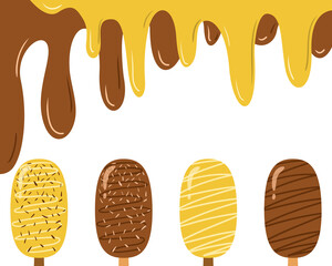 Chocolate ice cream on a wooden stick on an isolated white background. Vector illustration
