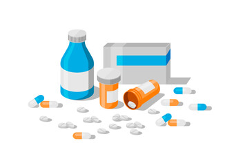 Medicaments collection. Set of medical items: bottles, pills, capsules. Flat vector illustration.
