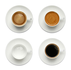 Set with cups of hot aromatic coffee on white background, top view