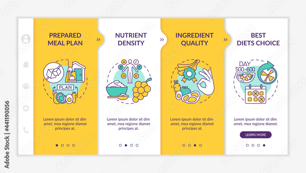 Aufkleber meal delivery for diabetics onboarding vector template. responsive mobile website with icons. web pa