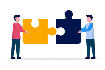 Obraz premium business partnership and solution concept. Businessman combine puzzle pieces. teamwork connection. vector illustration in flat style modern design.