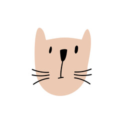 Cute Children Vector hand drawn Cat face. Scandinavian Design illustration isolated on white background. Design element of t-shirt, home textiles, wrapping paper, textiles