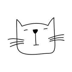 Black monoline face of Scandinavian cat. Hand drawn illustration of a flat. Design element of t-shirt, home textiles, wrapping paper, children textiles
