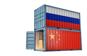 Two freight container with China and Russia flag. Isolated on white - 3D Rendering