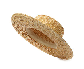 Stylish straw hat isolated on white. Beach accessory