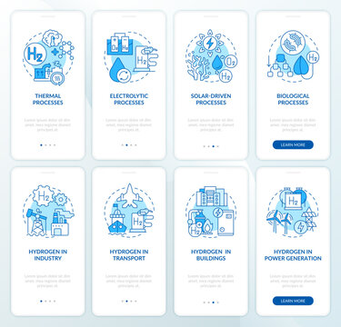 Hydrogen production onboarding mobile app page screens set. H2 solutions walkthrough 4 steps graphic instructions with concepts. UI, UX, GUI vector template with linear color illustrations