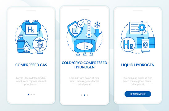 Hydrogen storing methods onboarding mobile app page screen. Gas compression walkthrough 3 steps graphic instructions with concepts. UI, UX, GUI vector template with linear color illustrations