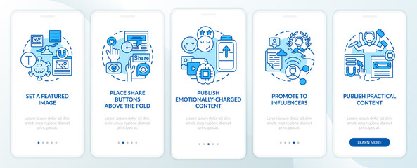 Create magnetic content tips onboarding mobile app page screen. Place share buttons walkthrough 5 steps graphic instructions with concepts. UI, UX, GUI vector template with linear color illustrations
