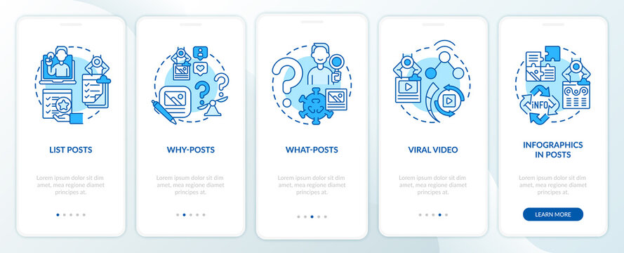Top buzzworthy posts types onboarding mobile app page screen. Lists, what-posts walkthrough 5 steps graphic instructions with concepts. UI, UX, GUI vector template with linear color illustrations