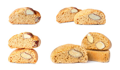 Set with different tasty cantucci on white background. Traditional Italian almond biscuits