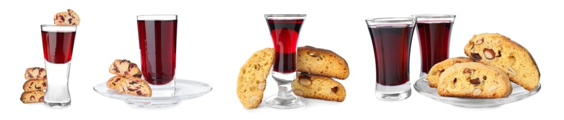 Set with tasty cantucci and glasses of liqueur on white background, banner design. Traditional...