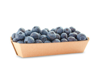 A handful of blueberries in a cardboard bowl