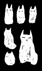 Set of vector images of abstract white cats on a black background in dry brush style