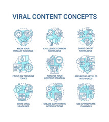Viral content concept icons set. Focus on trending topics idea thin line color illustrations. Analyse content strategy. Repurpose article into video. Vector isolated outline drawings. Editable stroke
