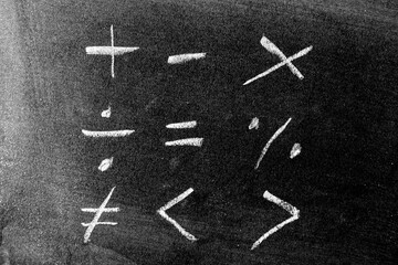 Set of math symbol draw by chalk on black board background