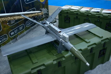 Military unmanned aerial vehicle placed on a box, made in Ukraine