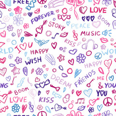 Chalk Doodles pattern. Colorful chalk icons collection. Different chalk children drawing shapes print. Wax Crayons freehand drawn doodle print. Color doodles crayon hearts, stars, lettering, text,symb