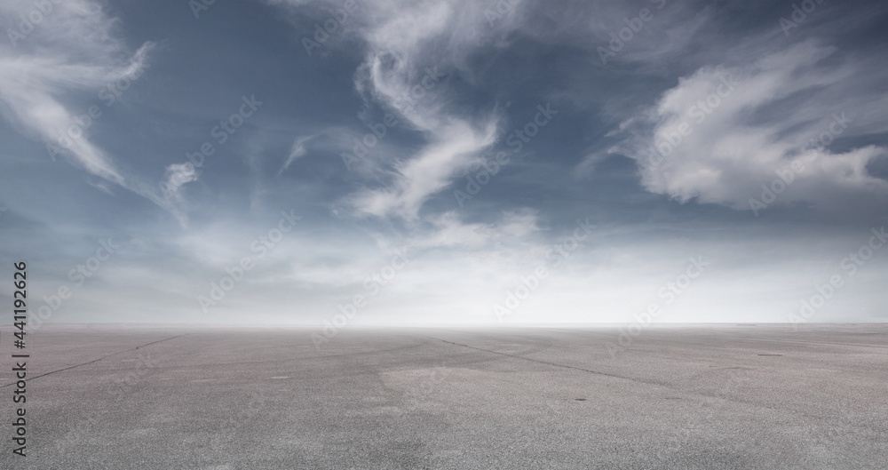 Wall mural blue sky landscape background with nice clouds and empty concrete floor