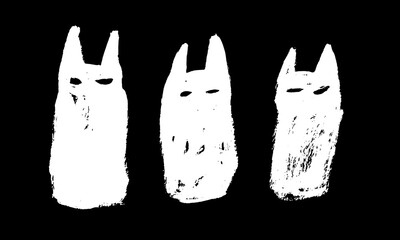 Vector image of abstract three white cats on a black background in dry brush style
