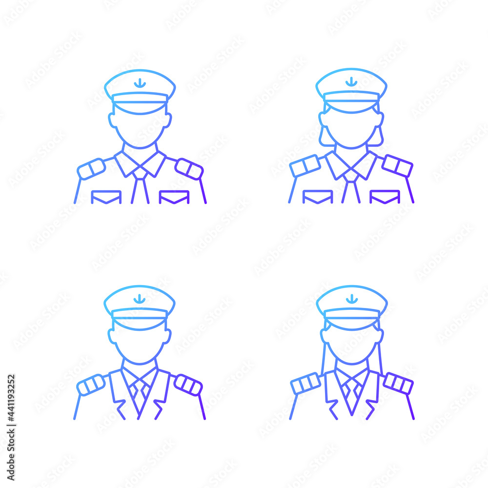 Poster cruise crew gradient linear vector icons set. providing service for passengers. helping visitors. th